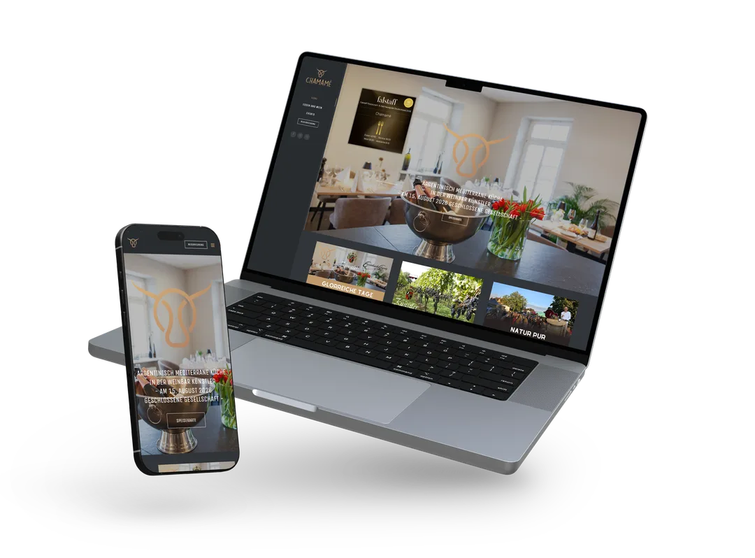 Website für das argentinisch-mediterrane Restaurant und die Weinbar Chamamé, auf Laptop und Smartphone