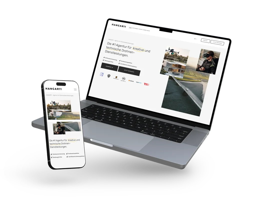 Website für die Drohnenagentur HANGAR11, dargestellt auf Laptop und Smartphone