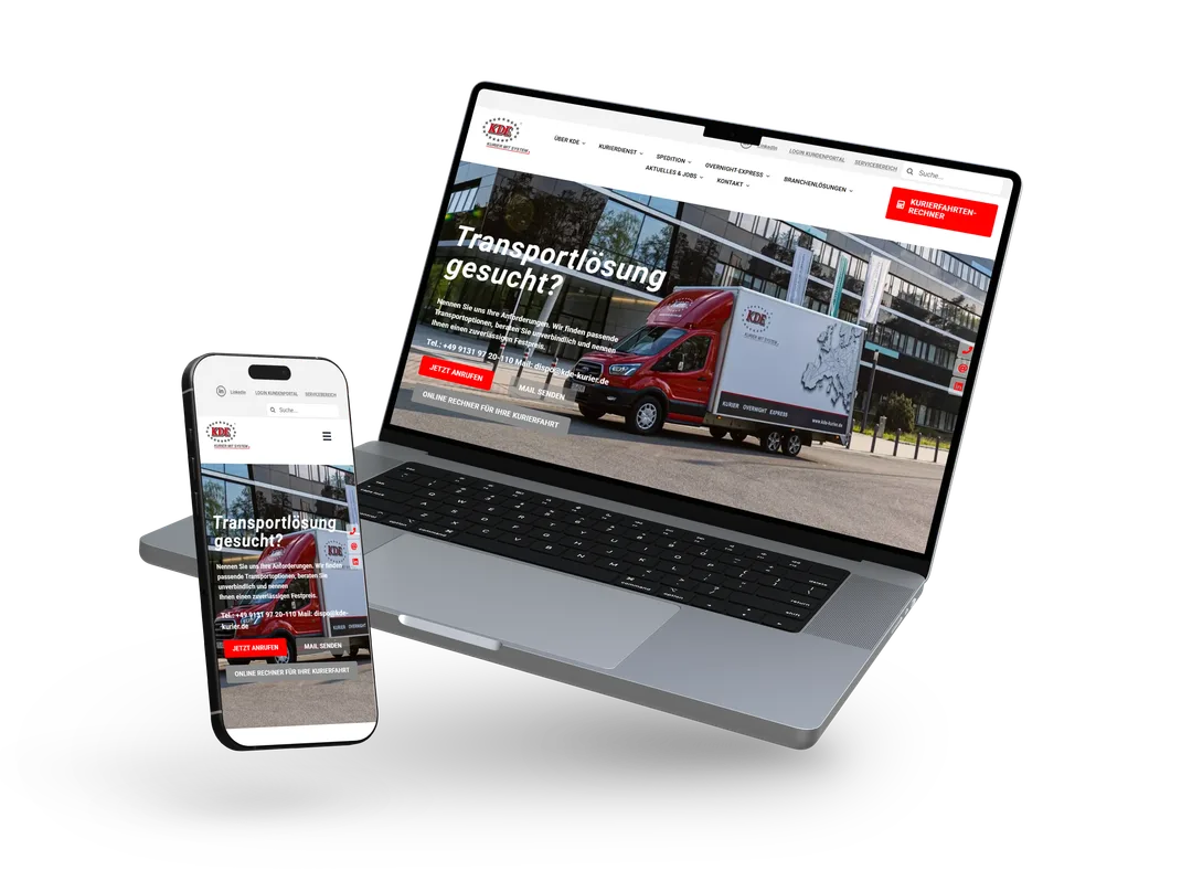 Website für den Kurierdienst und die Spedition KDE, dargestellt auf Laptop und Smartphone