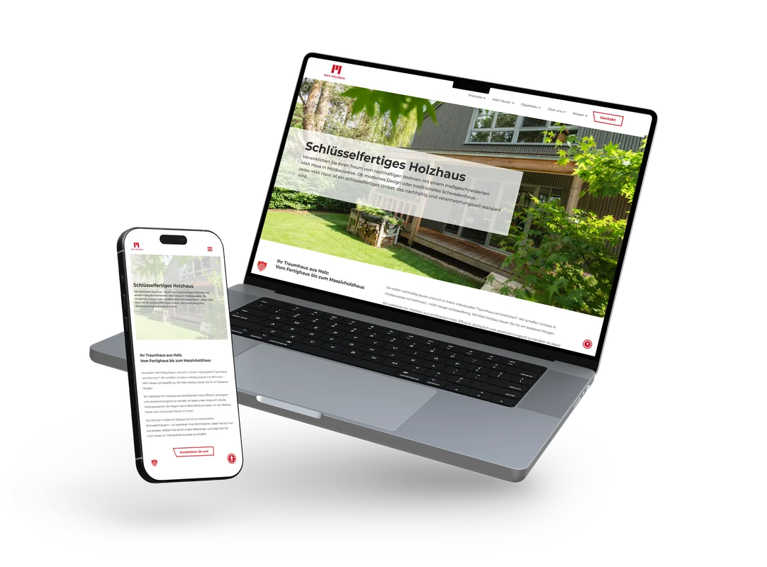 Website für den Holzhaus-Hersteller Max Holzhaus, dargestellt auf Laptop und Smartphone