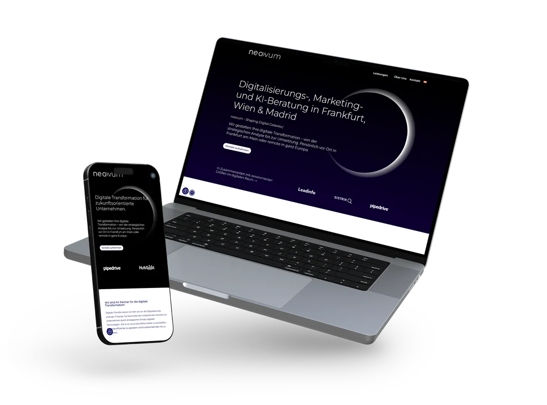 Website für die Marketing- und KI-Beratung neovum, dargestellt auf Laptop und Smartphone