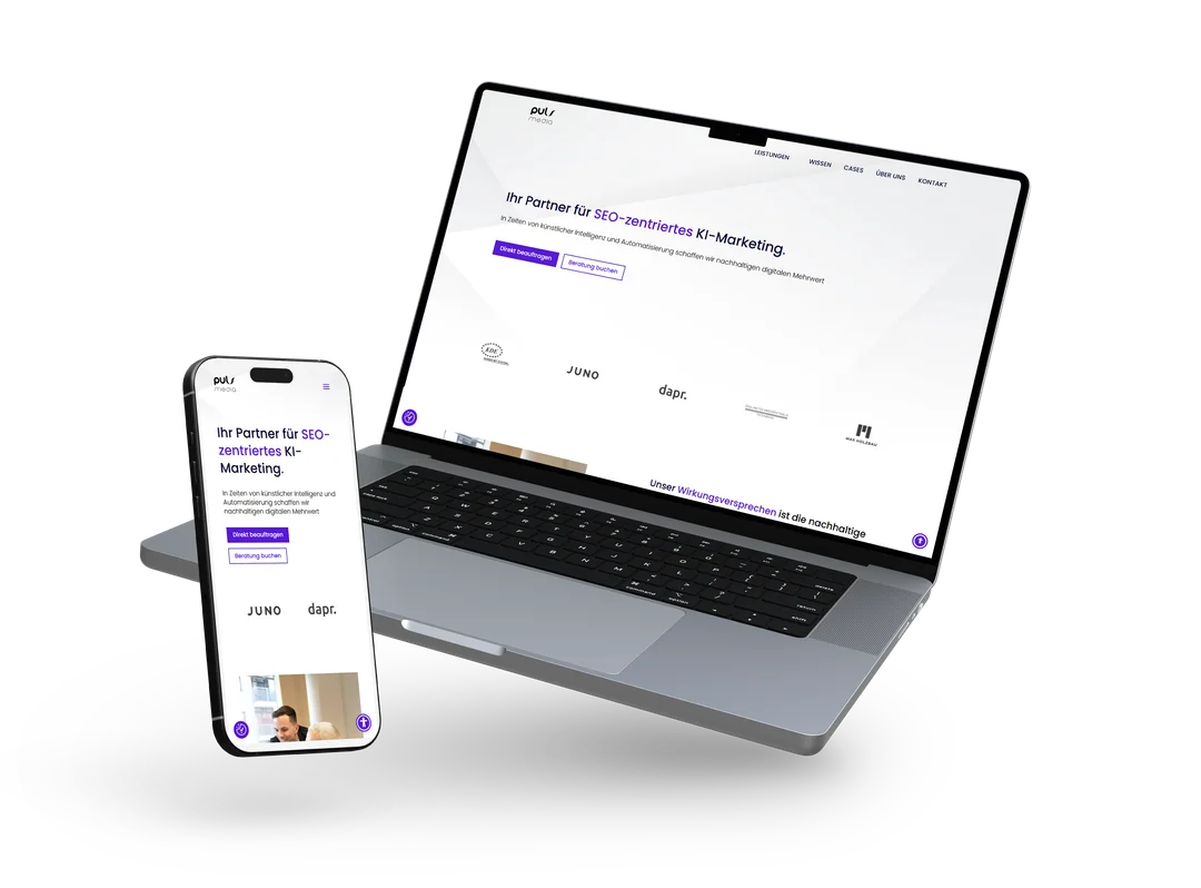 Website für die Full-Service-Marketingagentur PulsMedia, dargestellt auf Laptop und Smartphone